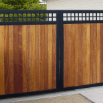 A wooden, metal cladded gate