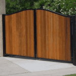 A wooden, metal cladded gate