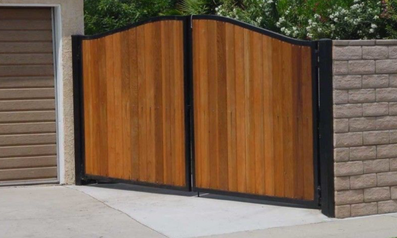 A wooden, metal cladded gate